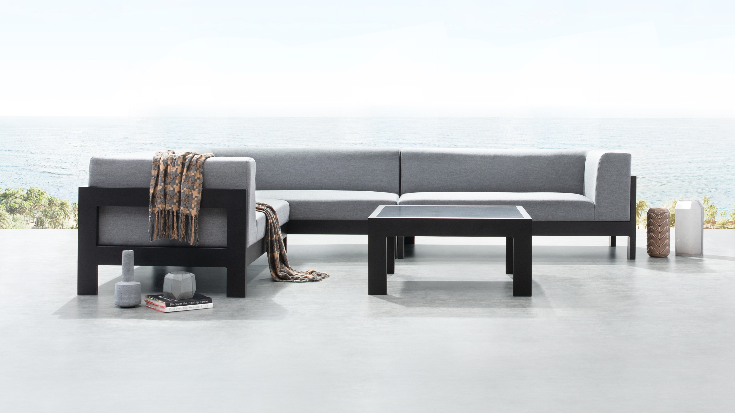 New Noosa Black Outdoor Fabric Corner Lounge With Coffee Table 9 Thumbnail