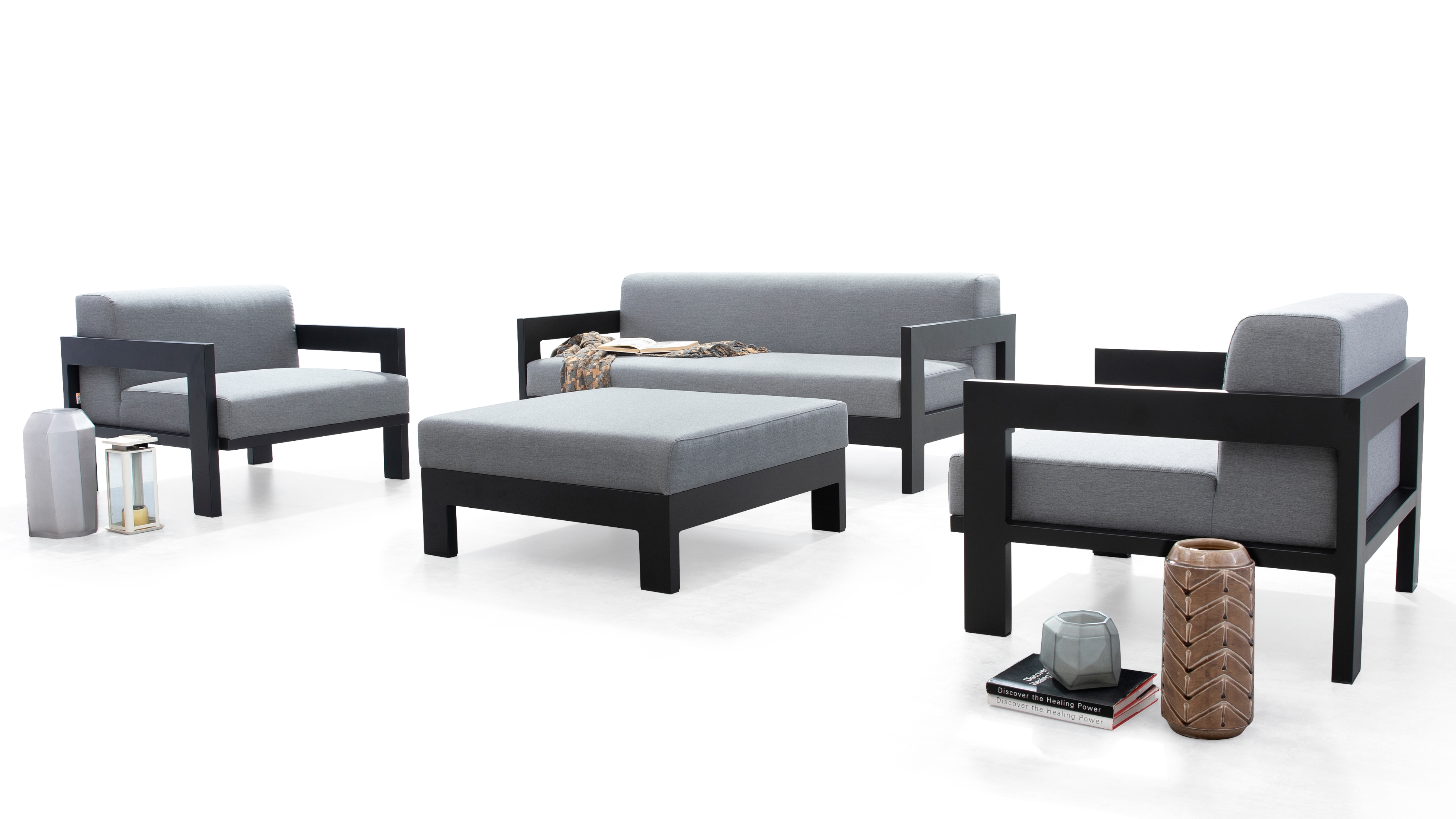 New Noosa Black Outdoor Lounge Set 2+1+1 With Ottoman 7 Thumbnail