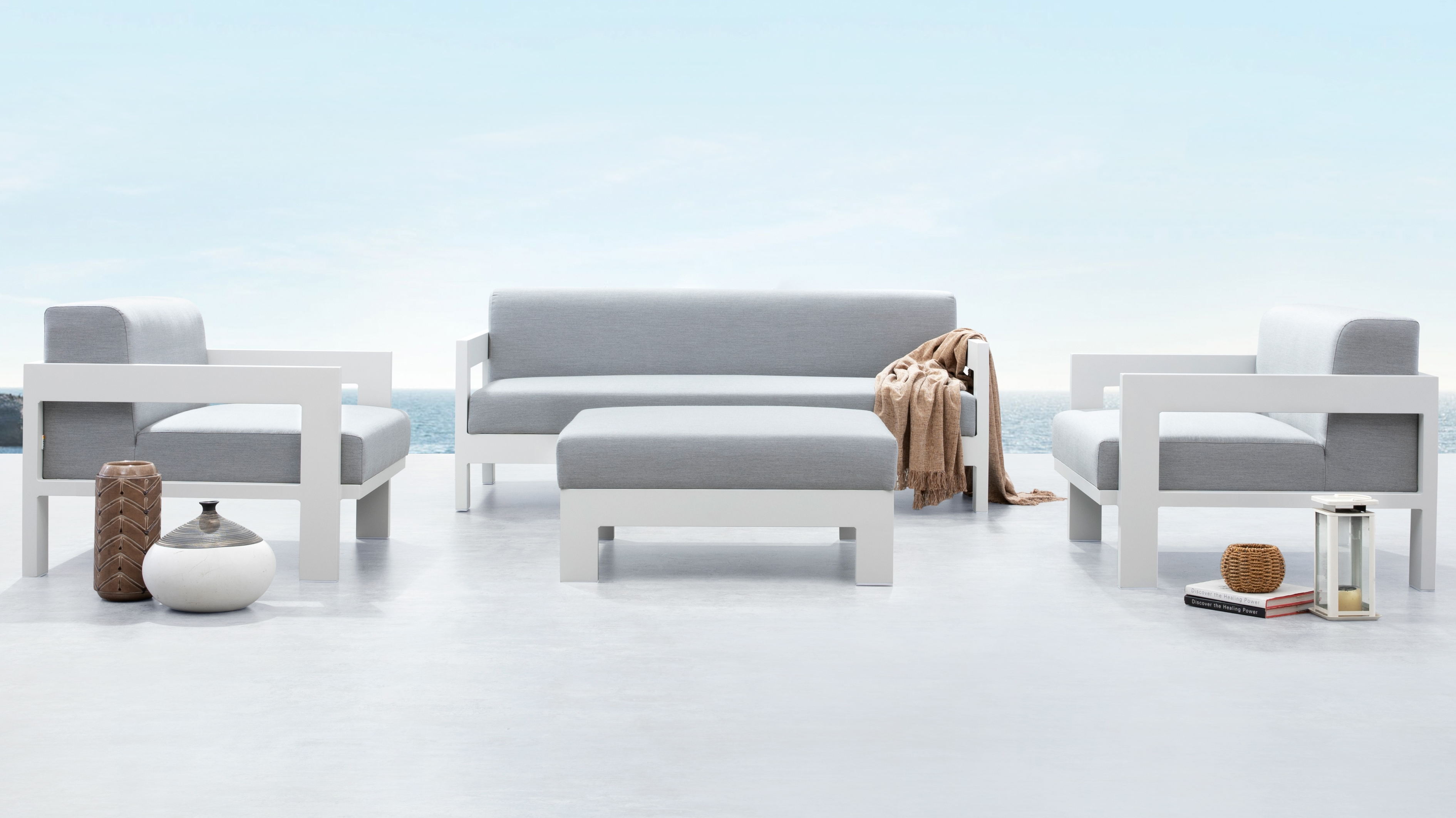 New Noosa White Outdoor Lounge Set 2+1+1 With Ottoman 7 Thumbnail