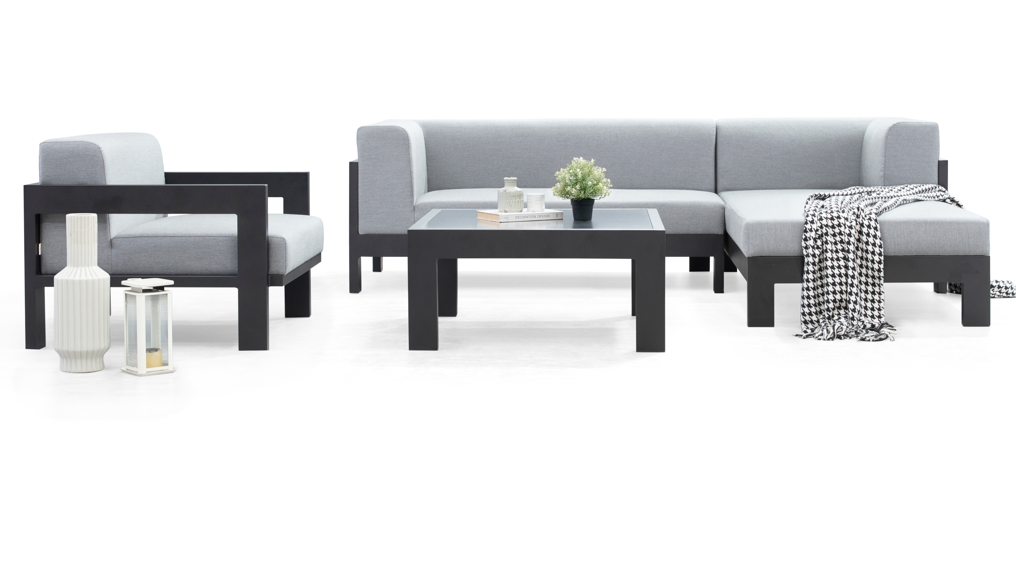 New Noosa Black Outdoor Fabric Chaise Lounge With Armchair & Coffee Table 5 Thumbnail