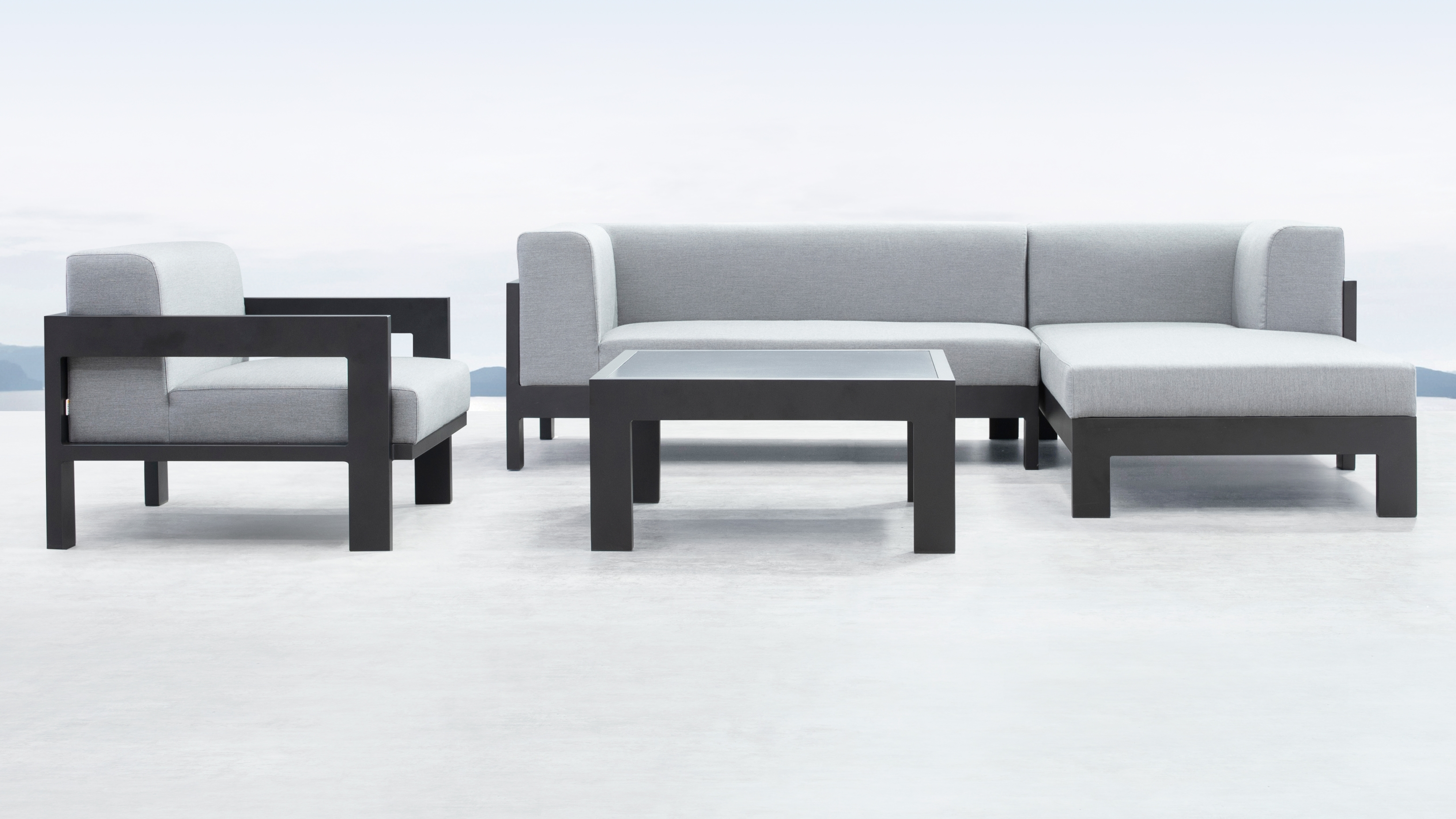 New Noosa Black Outdoor Fabric Chaise Lounge With Armchair & Coffee Table 5 Thumbnail