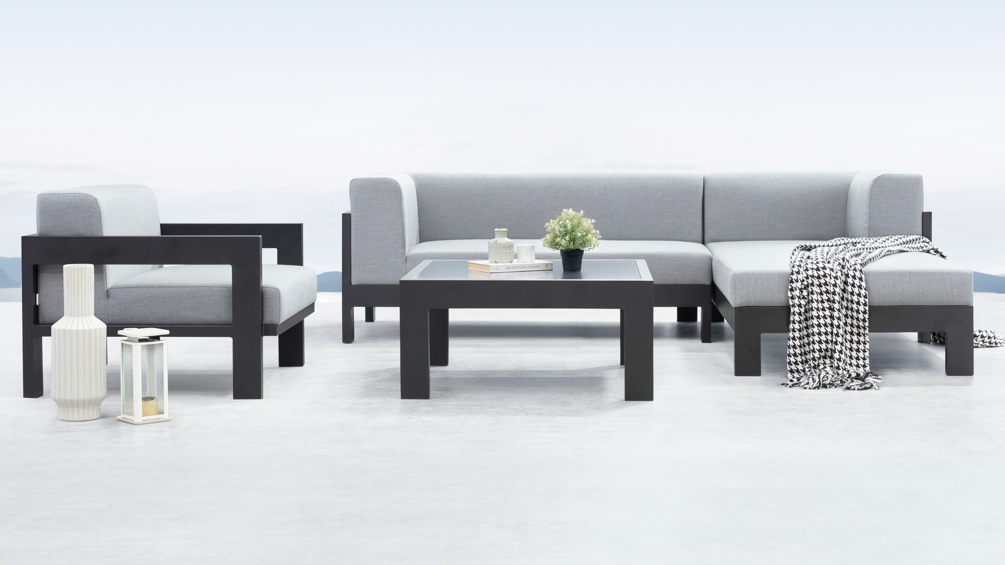 New Noosa Black Outdoor Fabric Chaise Lounge With Armchair & Coffee Table 5 Thumbnail