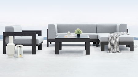 New Noosa Black Outdoor Fabric Chaise Lounge With Armchair & Coffee Table