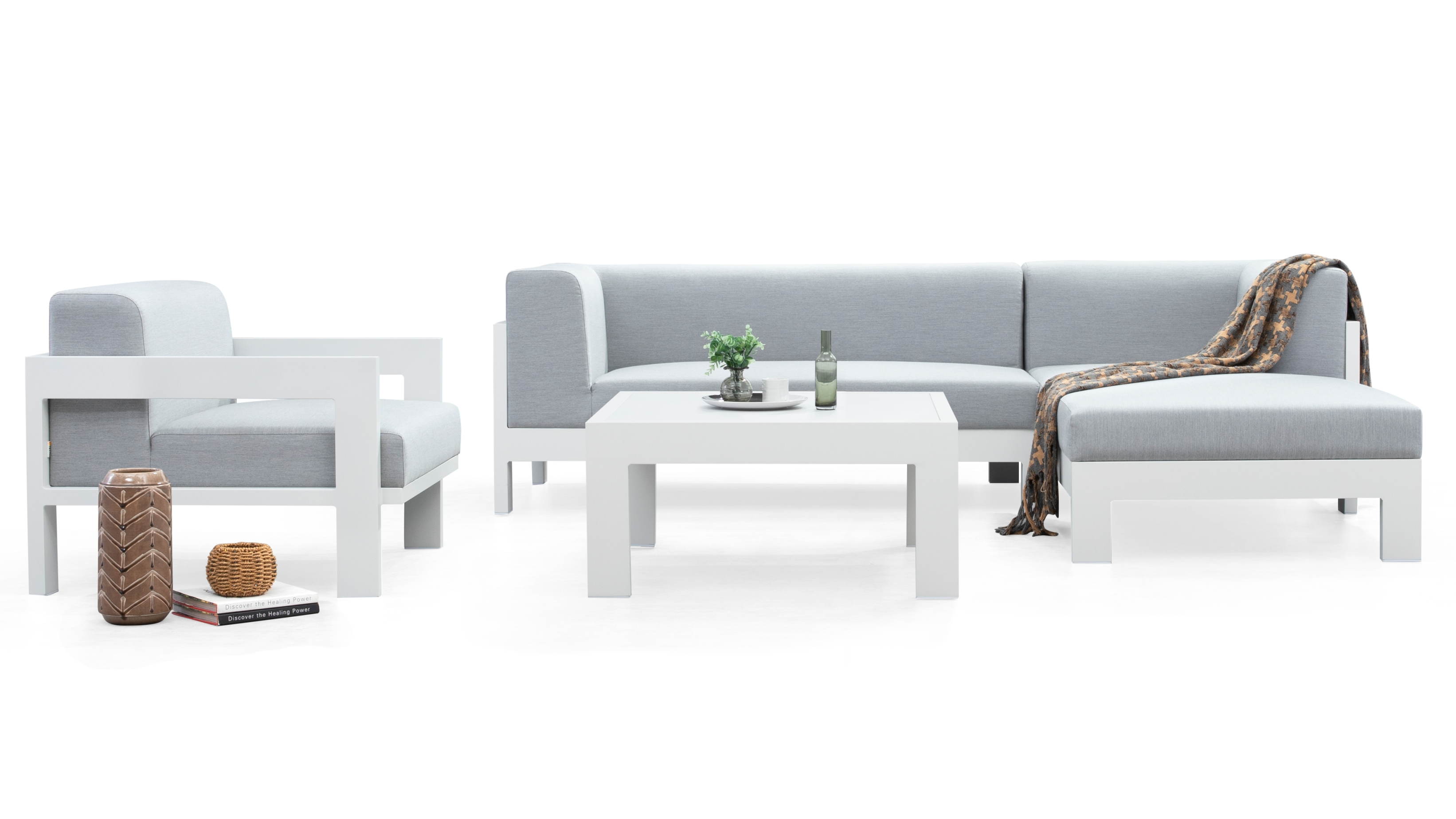 New Noosa White Outdoor Fabric Chaise Lounge With Armchair & Coffee Table 5 Thumbnail