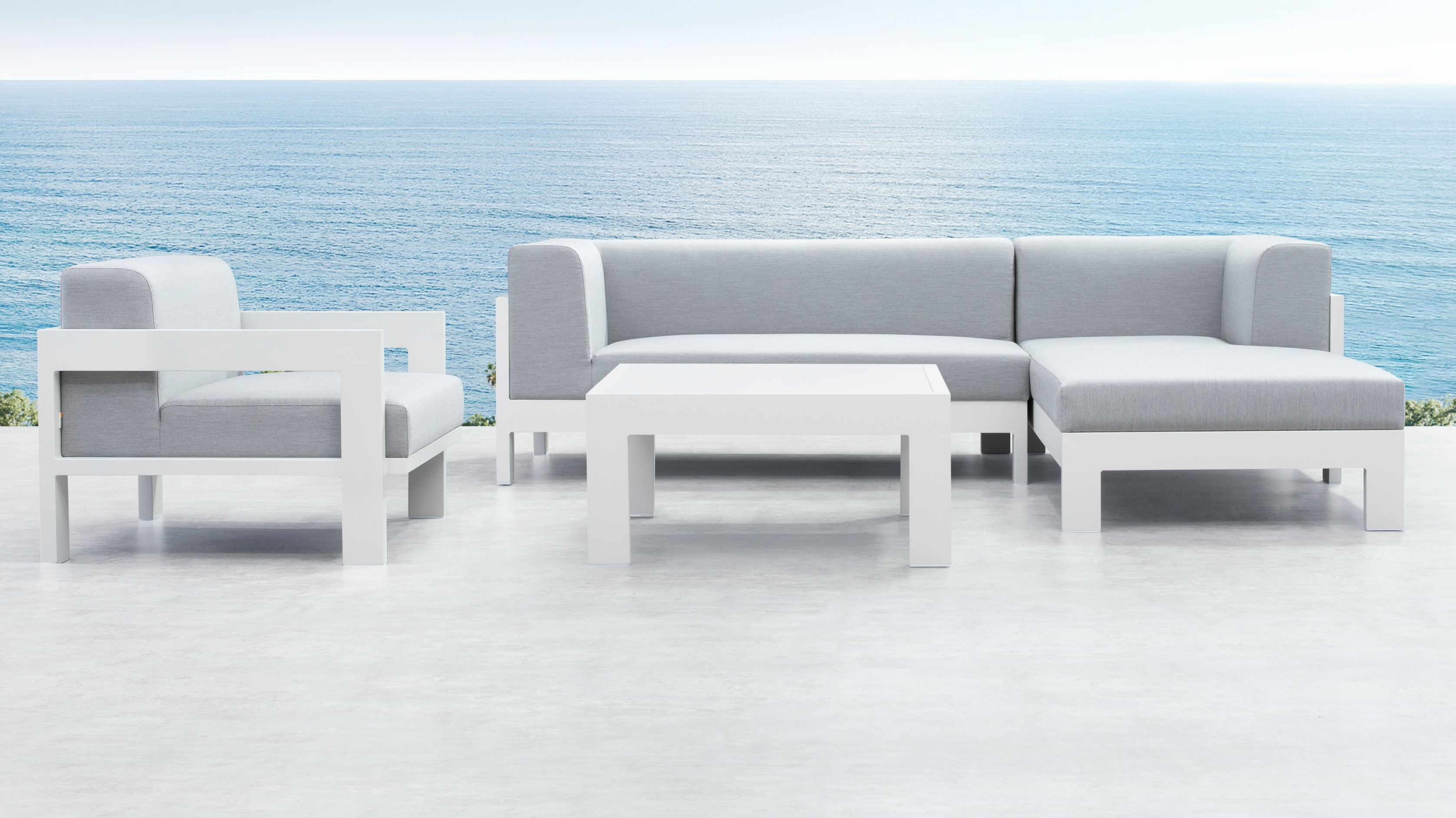 New Noosa White Outdoor Fabric Chaise Lounge With Armchair & Coffee Table 5 Thumbnail