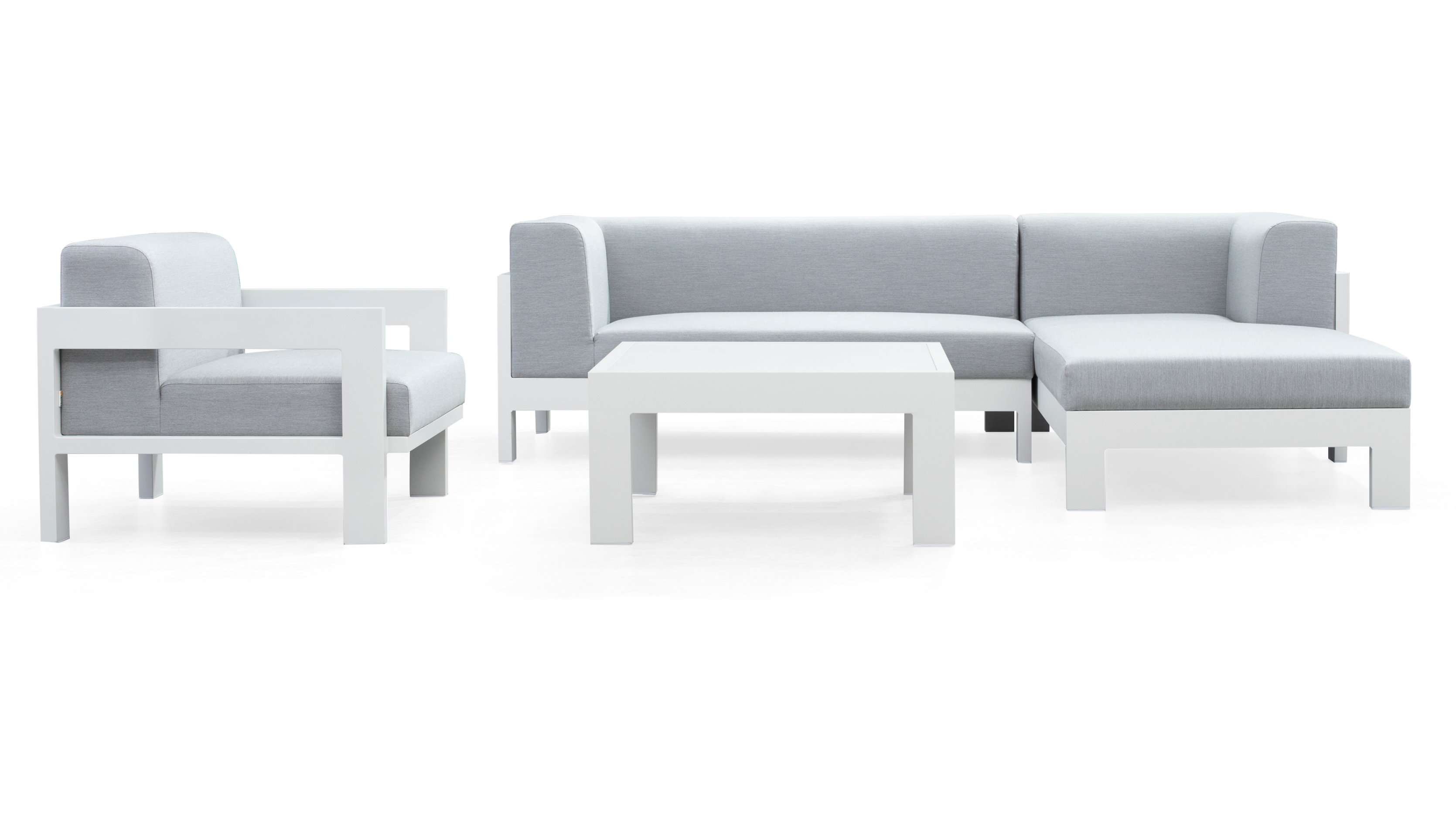 New Noosa White Outdoor Fabric Chaise Lounge With Armchair & Coffee Table 5 Thumbnail