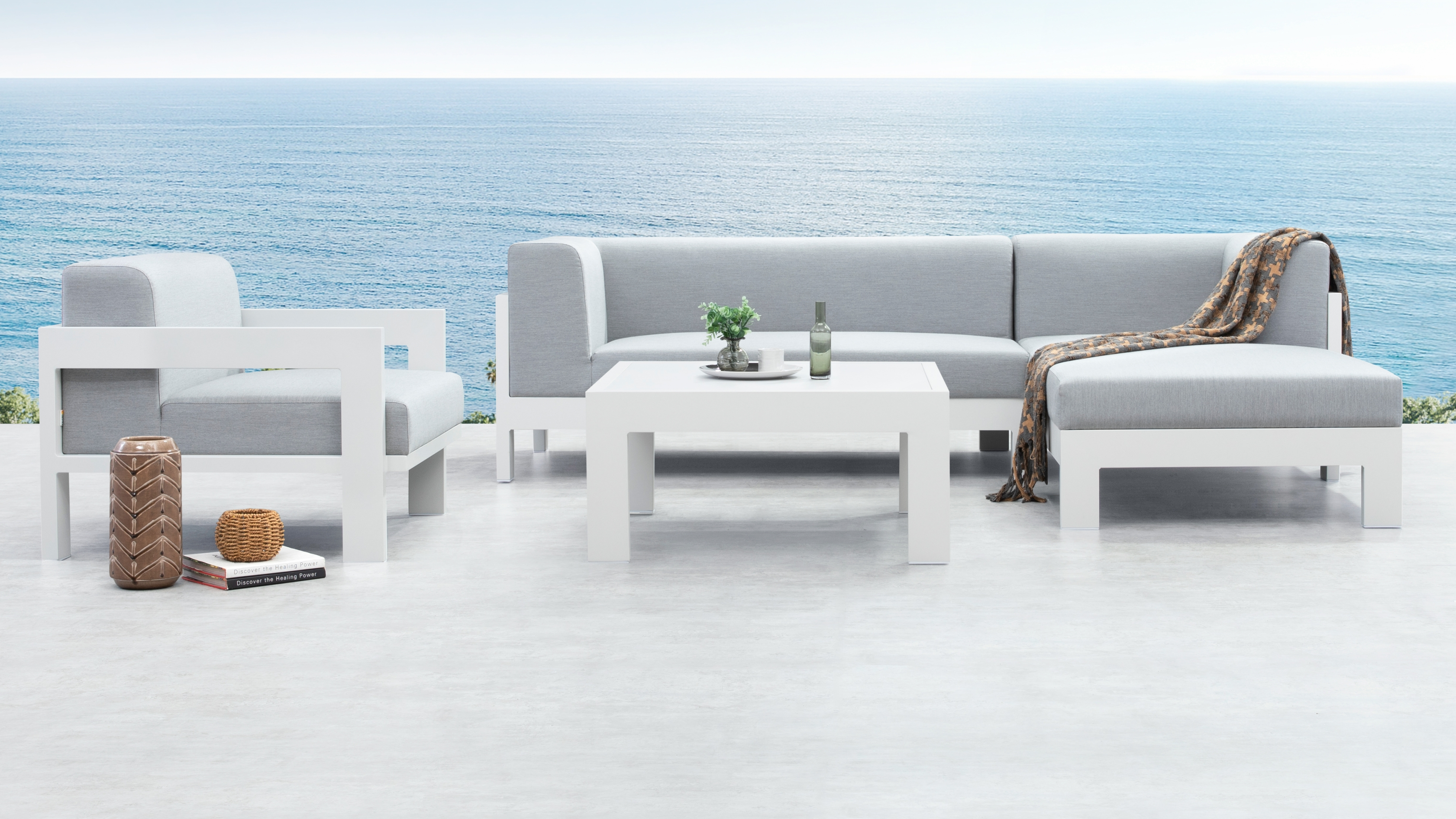 New Noosa White Outdoor Fabric Chaise Lounge With Armchair & Coffee Table 5 Thumbnail