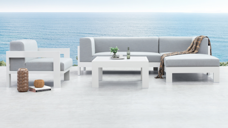 New Noosa White Outdoor Fabric Chaise Lounge With Armchair & Coffee Table
