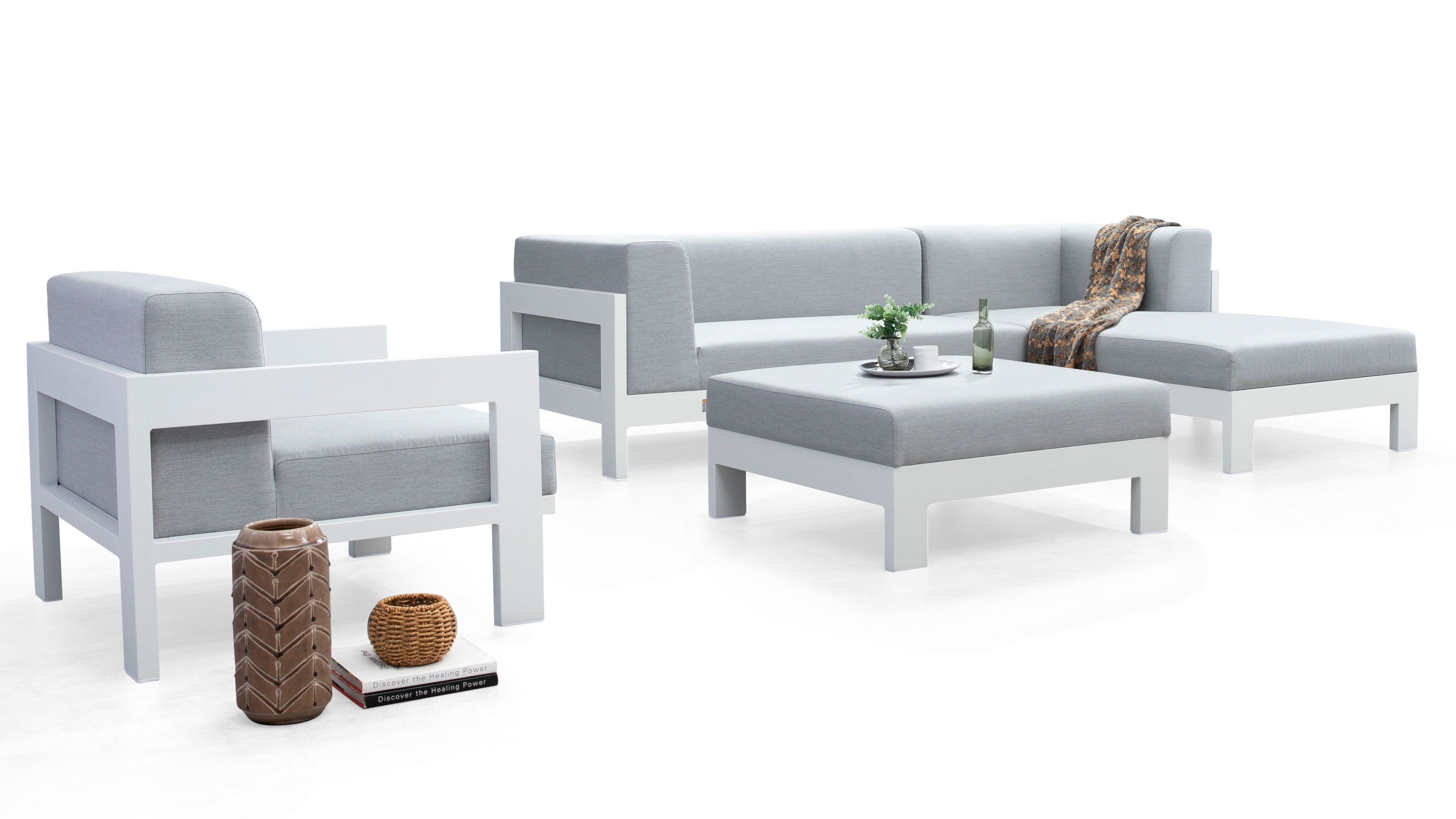 New Noosa White Outdoor Fabric Chaise Lounge With Armchair & Ottoman 8 Thumbnail