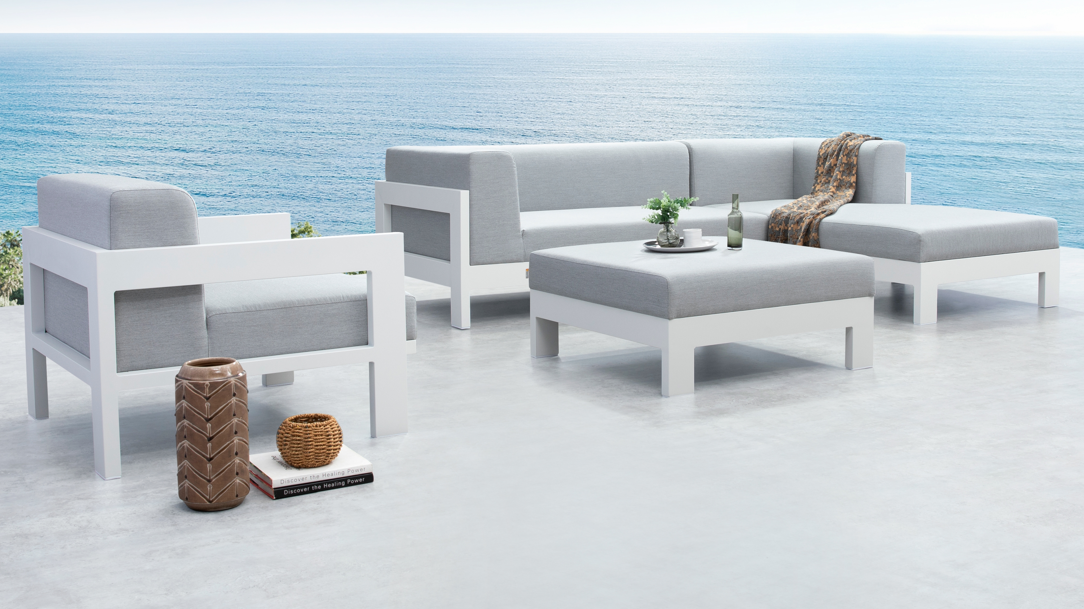 New Noosa White Outdoor Fabric Chaise Lounge With Armchair & Ottoman 8 Thumbnail