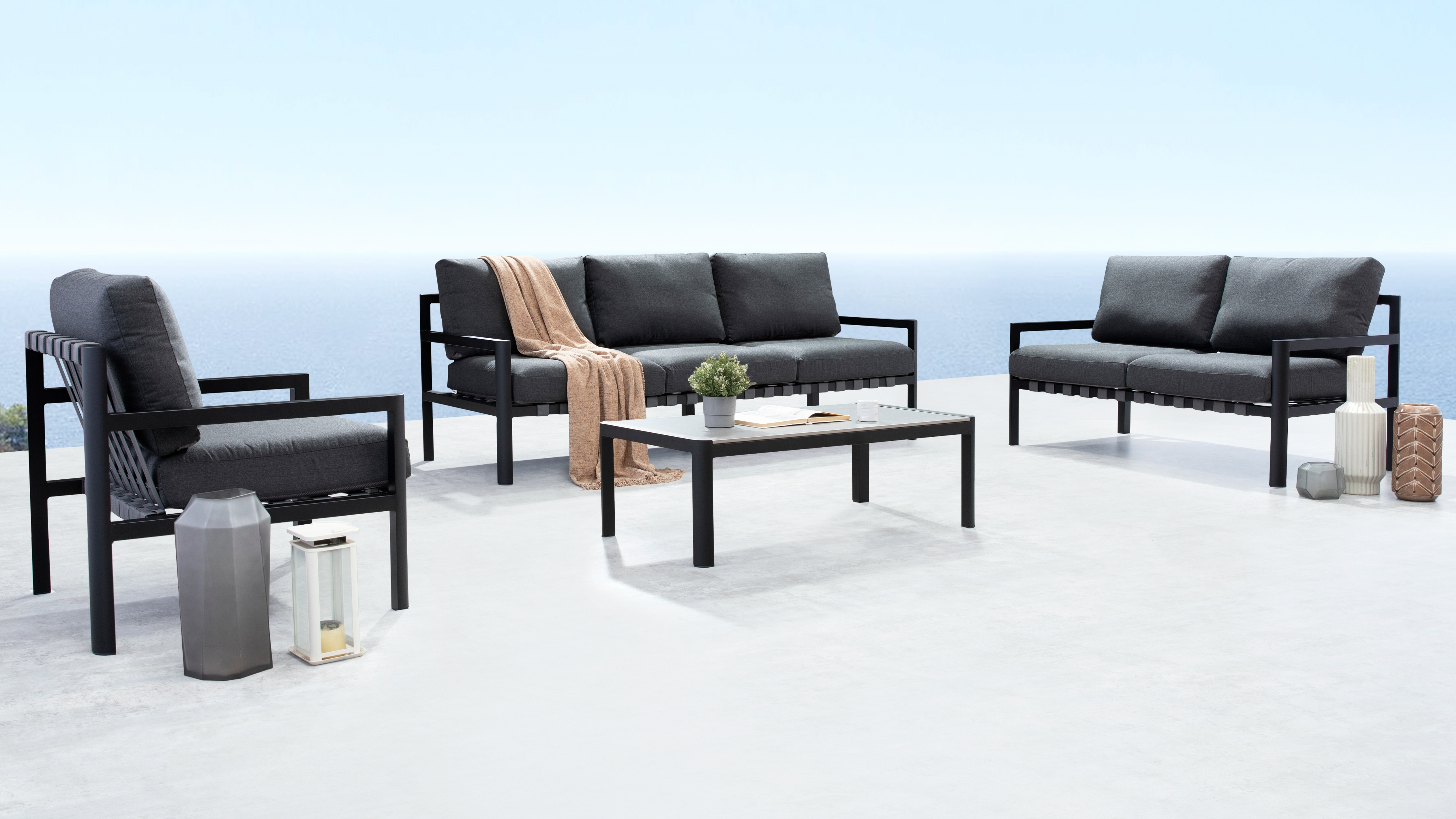 Manly Black Outdoor Sofa Suite 3 + 2 + 1 With Coffee Table 12 Thumbnail