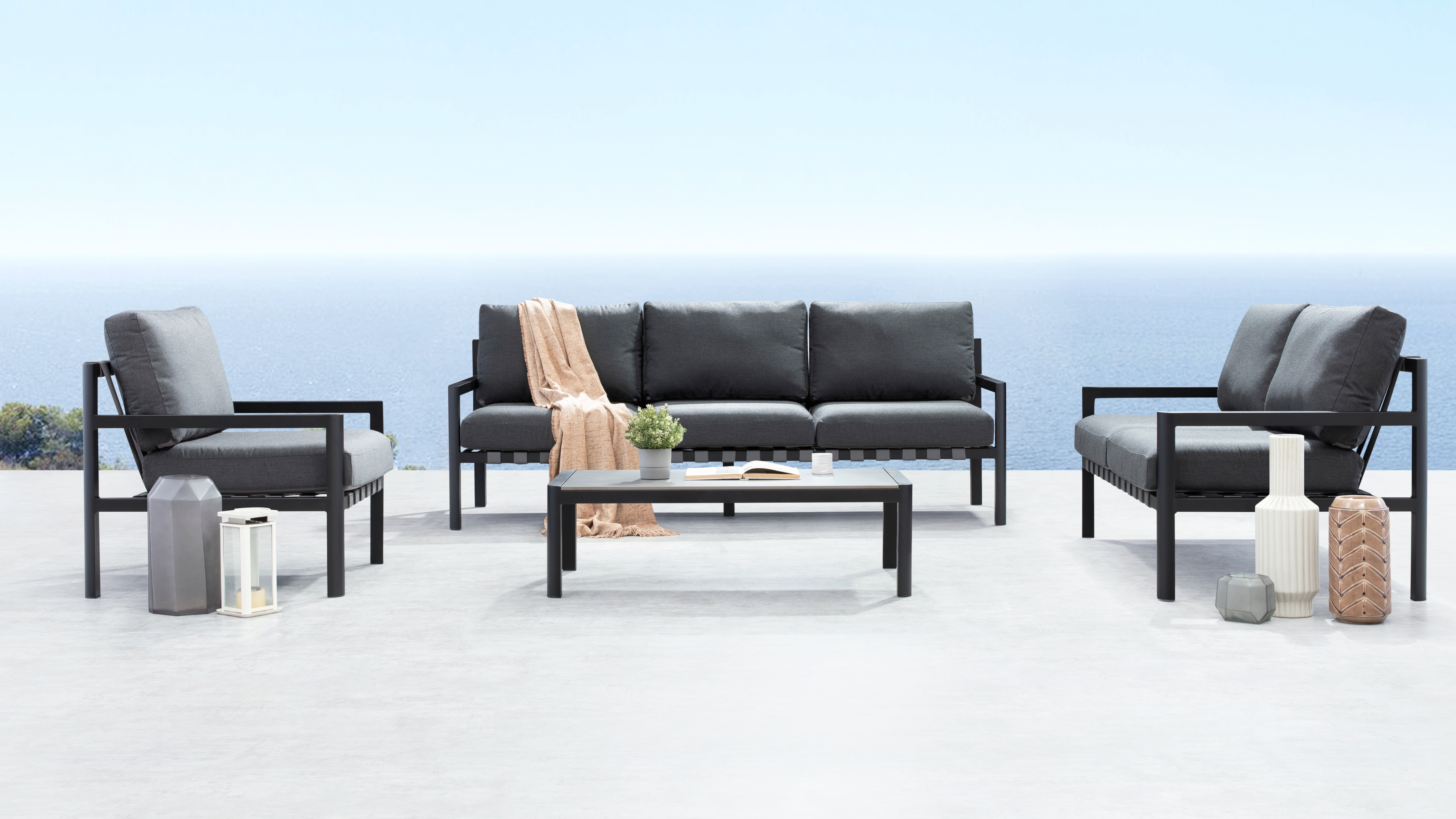 Manly Black Outdoor Sofa Suite 3 + 2 + 1 With Coffee Table 12 Thumbnail