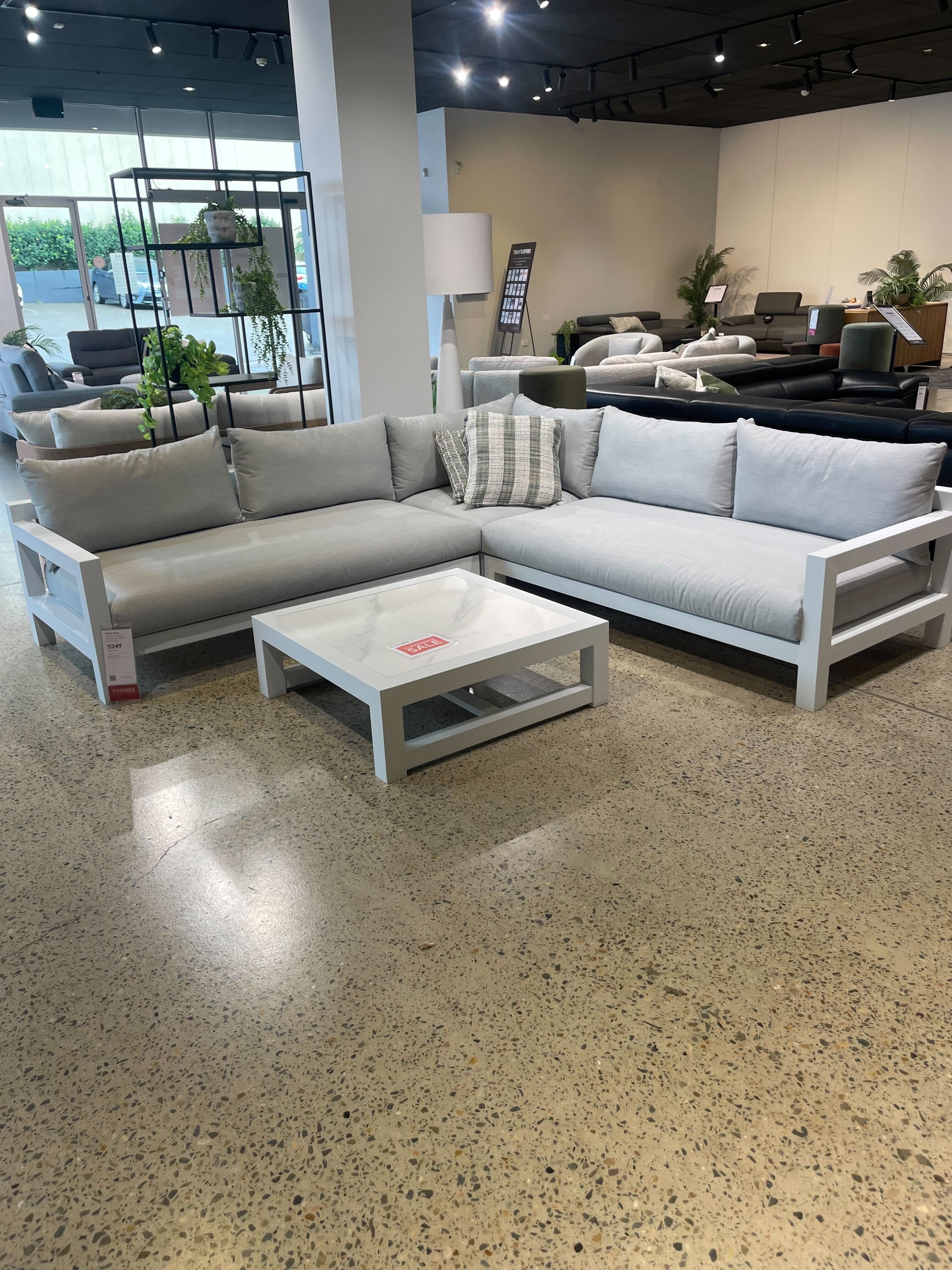 BYRON WHITE Outdoor Corner Lounge With Square Coffee Table (Frame Colour: White Aluminum, Fabric Colour: Grey Acrylic) 1