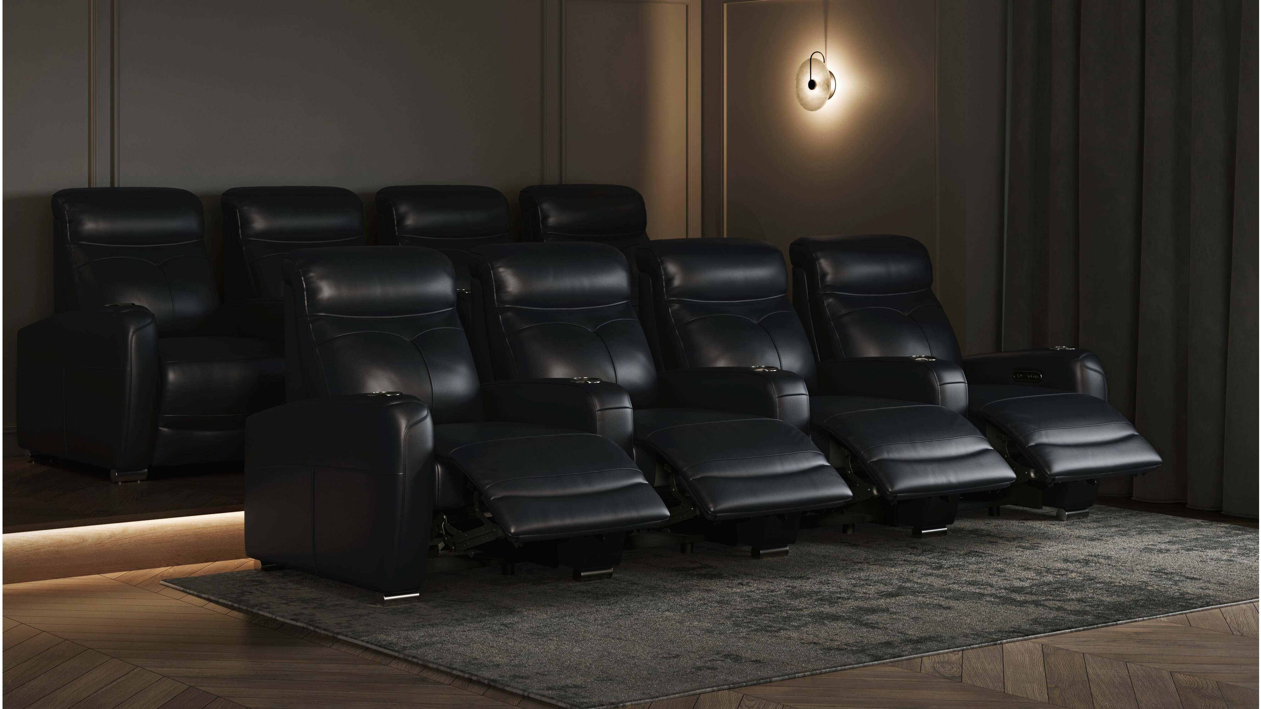 Warner Leather Four Seater Home Theatre Lounge with Three Consoles