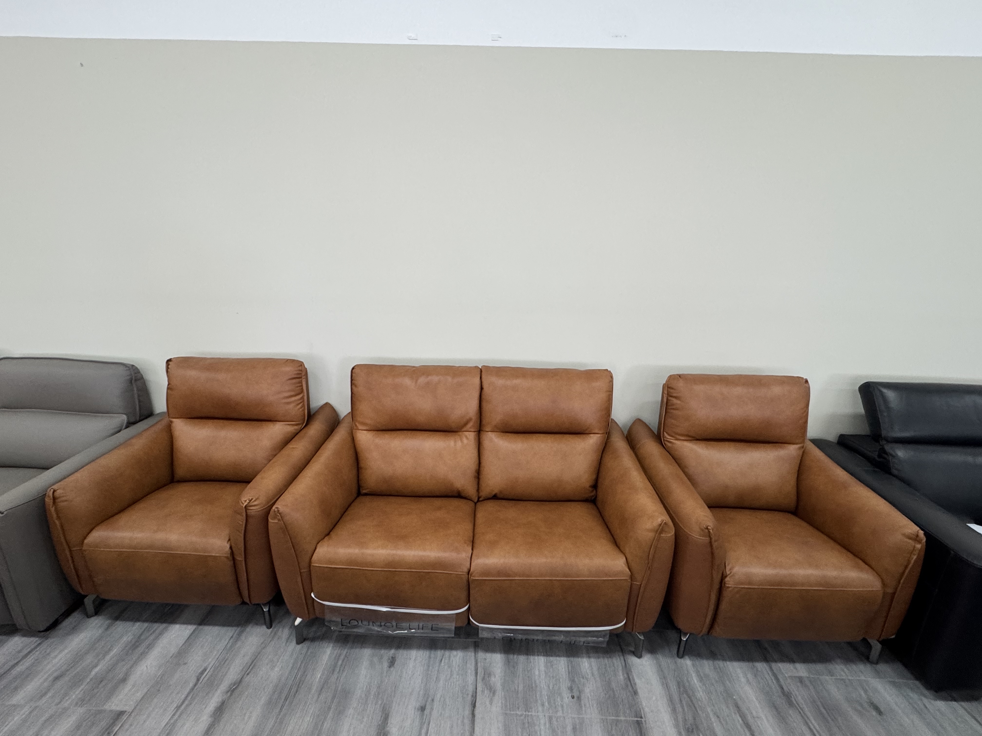 XAVIER Leather Recliner Two Seat Sofa + 2 Armchairs (Material: Leather + Match, Colour: Premium Tan, Recliner Type: Electric Recliner) 1