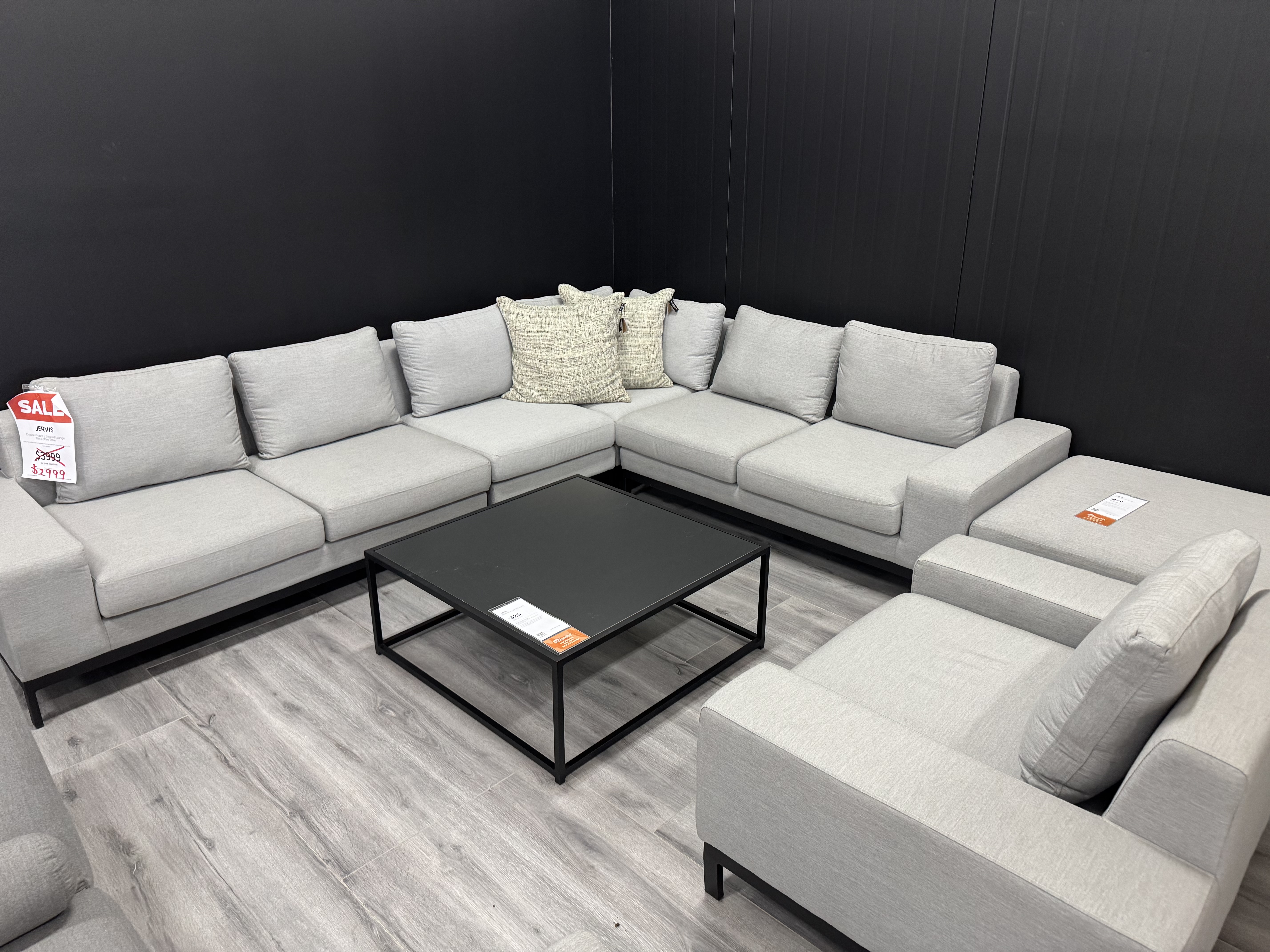 JERVIS Outdoor Corner L Shape Loiunge With Ottoman, Coffee Table And Arm Chair (Frame And Fabric- Black Frame, Lead Chine Fabric) 1