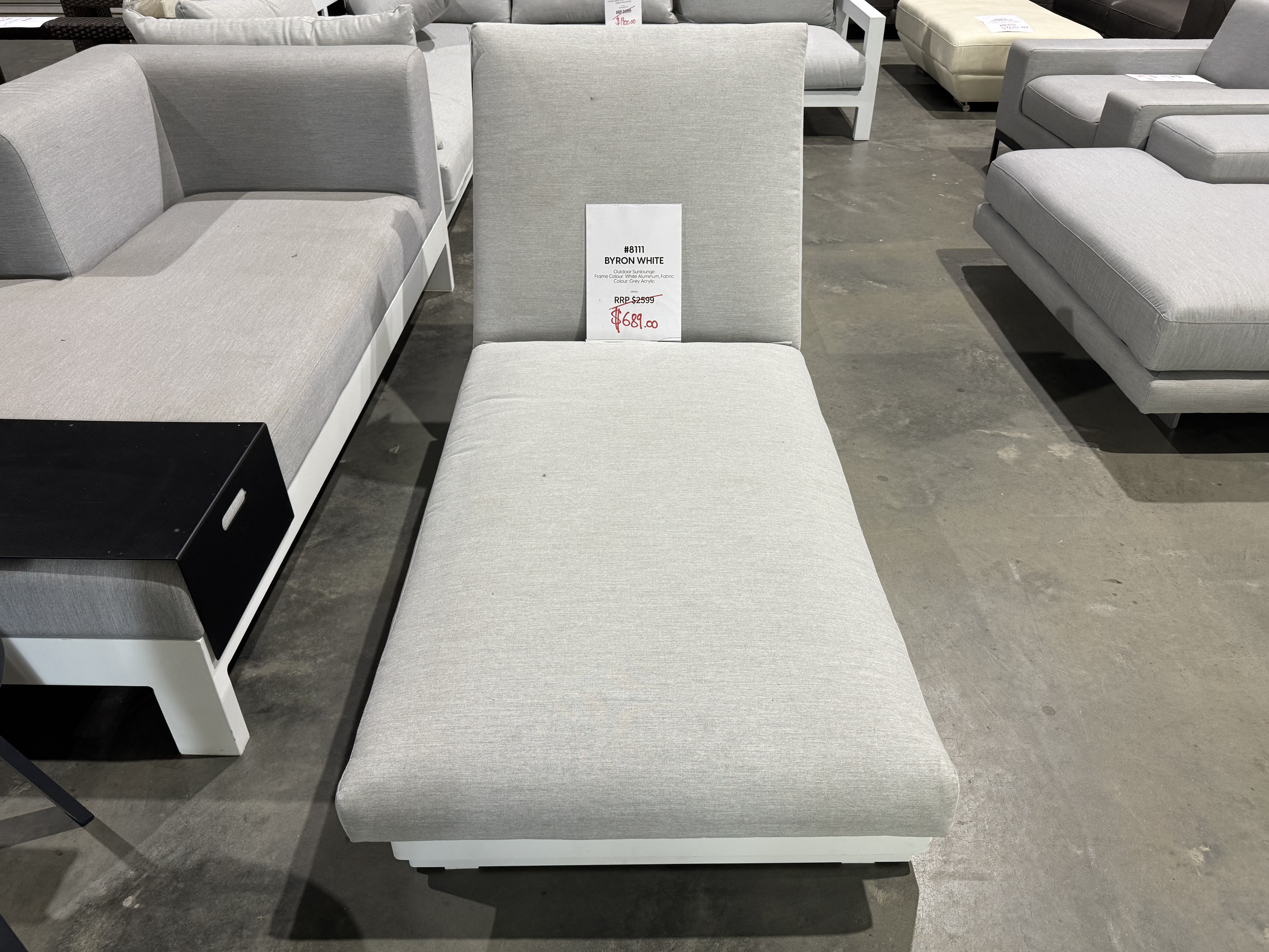 EX DISPLAY BYRON WHITE SUNLOUNGE Outdoor Sunlounge (Frame Colour: White Aluminum, Fabric Colour: Grey Acrylic) 1
