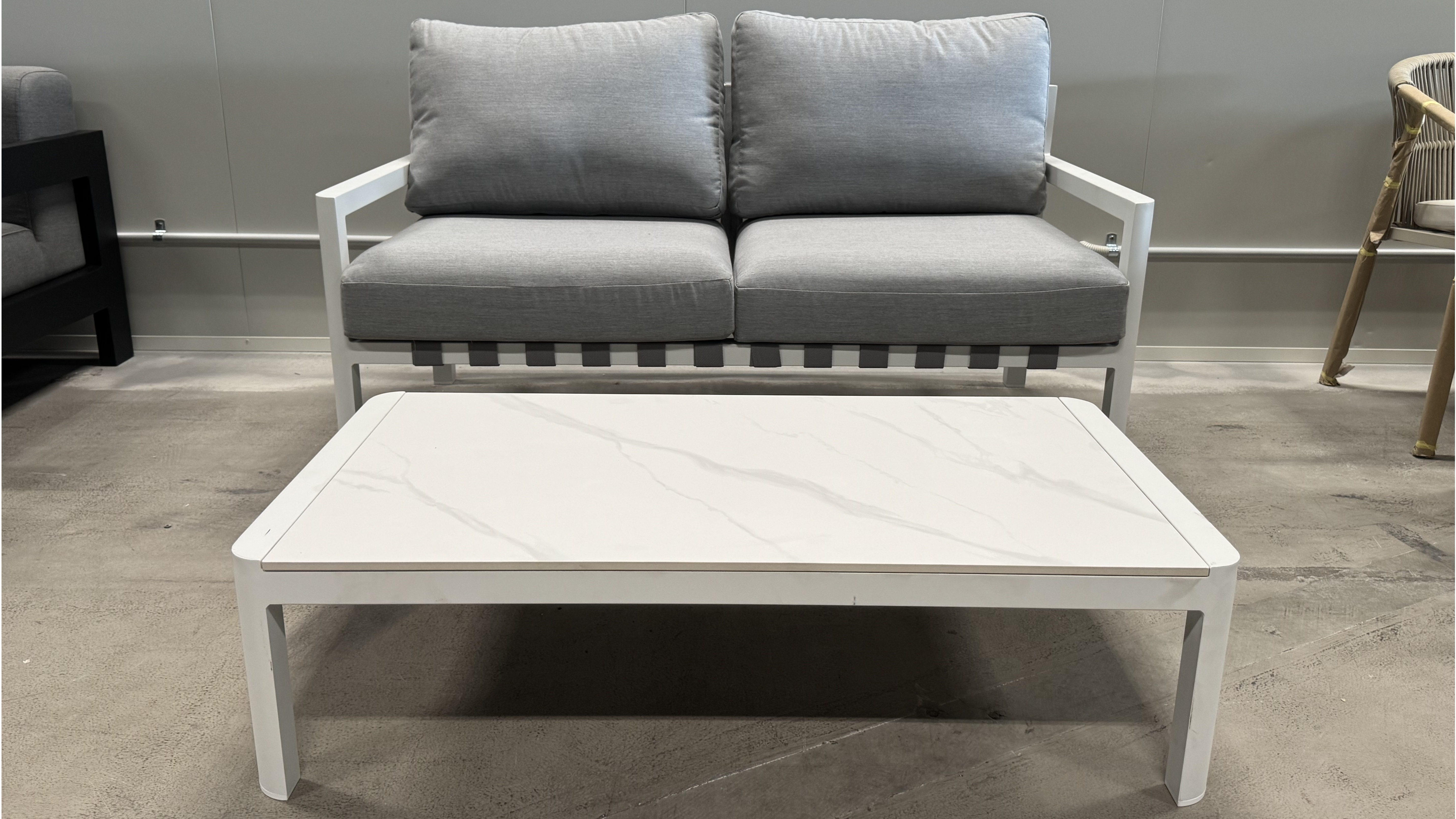 MANLY WHITE Outdoor Two Seat Sofa With Coffee Table (Frame And Fabric: White Frame With Lead Chine Fabric) 1