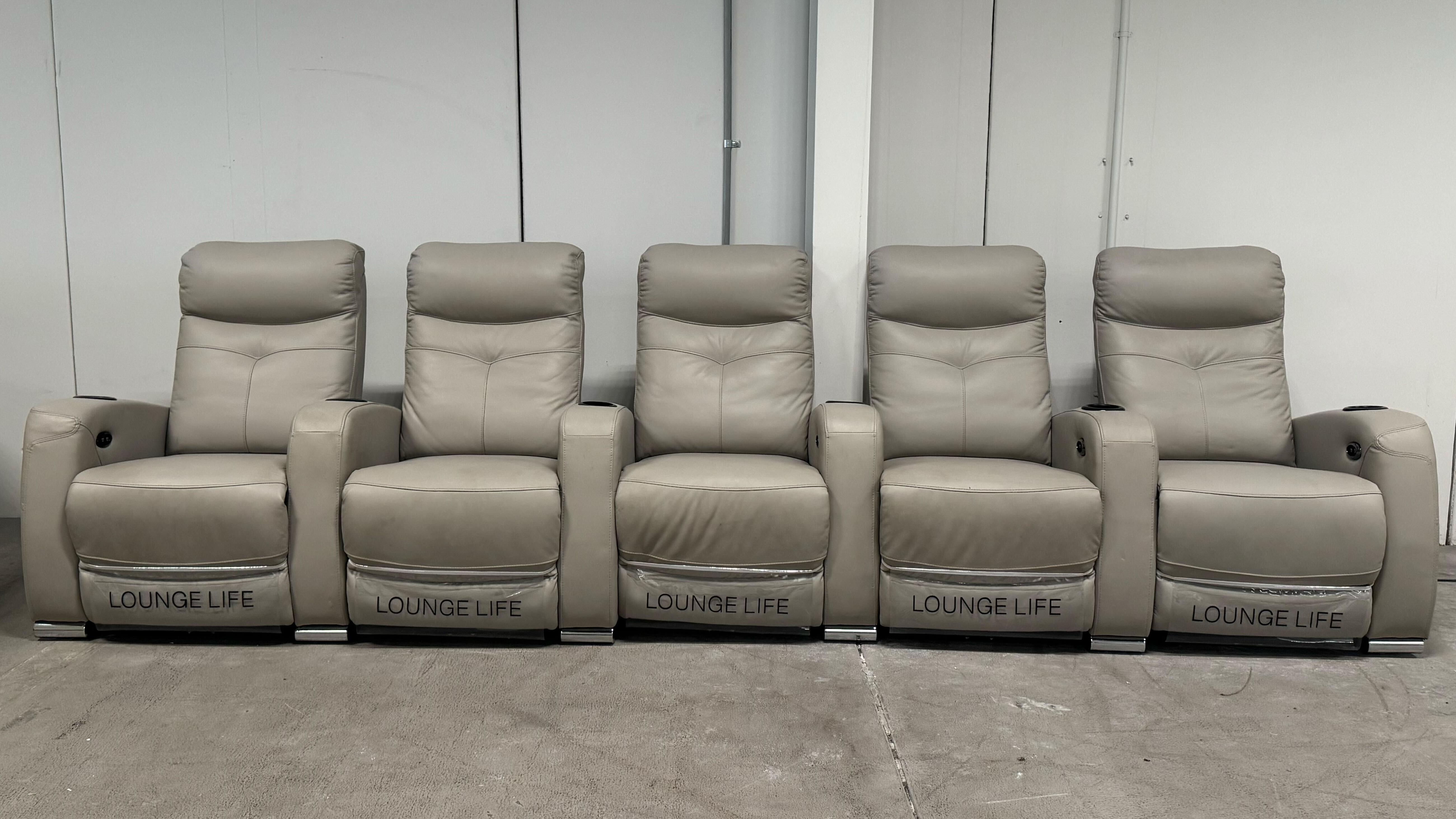 REGENT Leather 5 Seat Home Theatre Recliner Lounge (Material: Leather + Match, Colour: Standard Light Grey, Recliner Type: Electric Recliner) 1