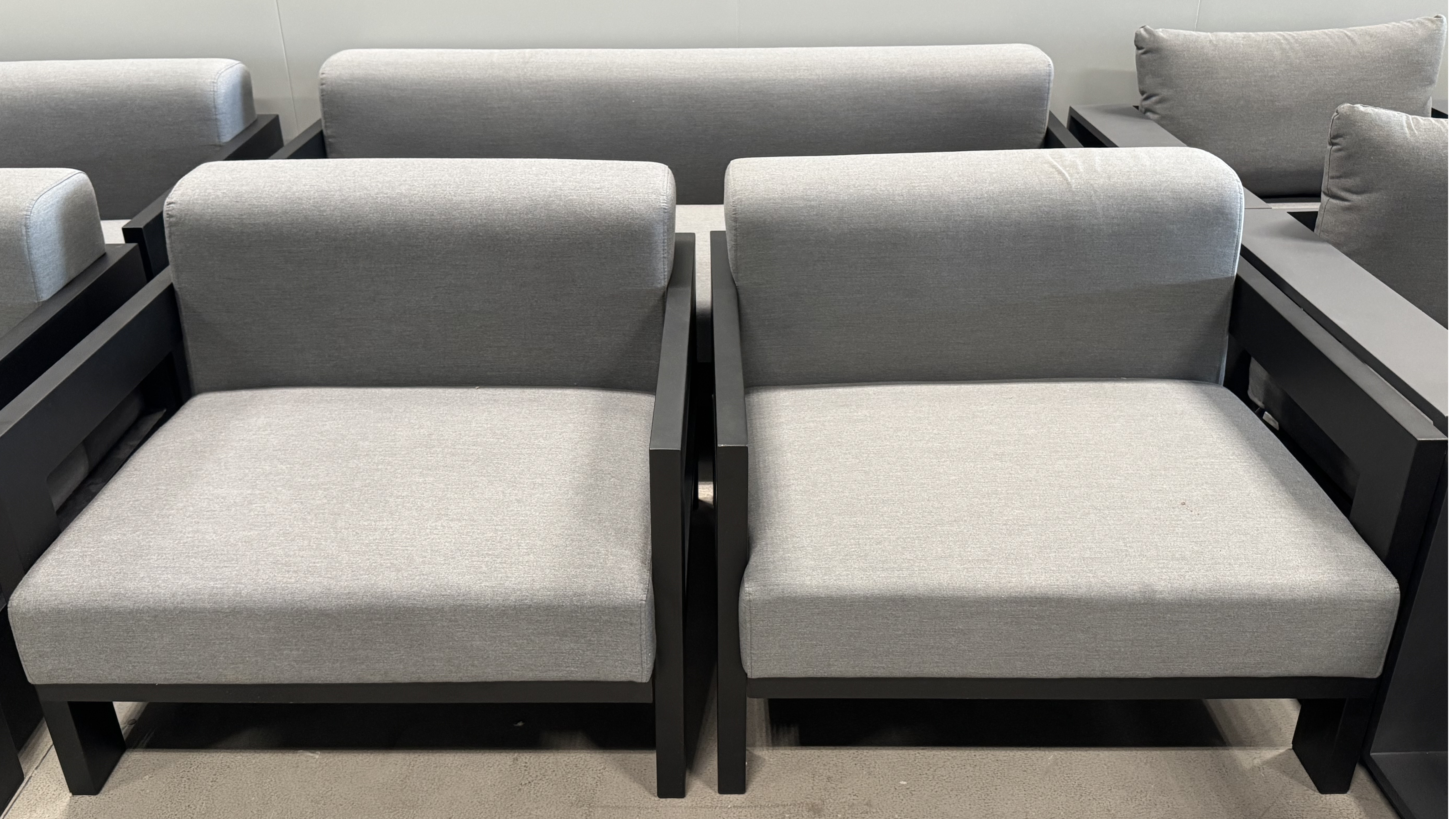 NEW NOOSA OUTDOOR LOUNGE SETTING 2 + 1 + 1 Black Outdoor Fabric Two Seat Sofa + 2 Armchairs  ( Black Frame With Flanelle Fabric ) (Frame And Fabric: Black Frame With Flanelle Fabric) 1