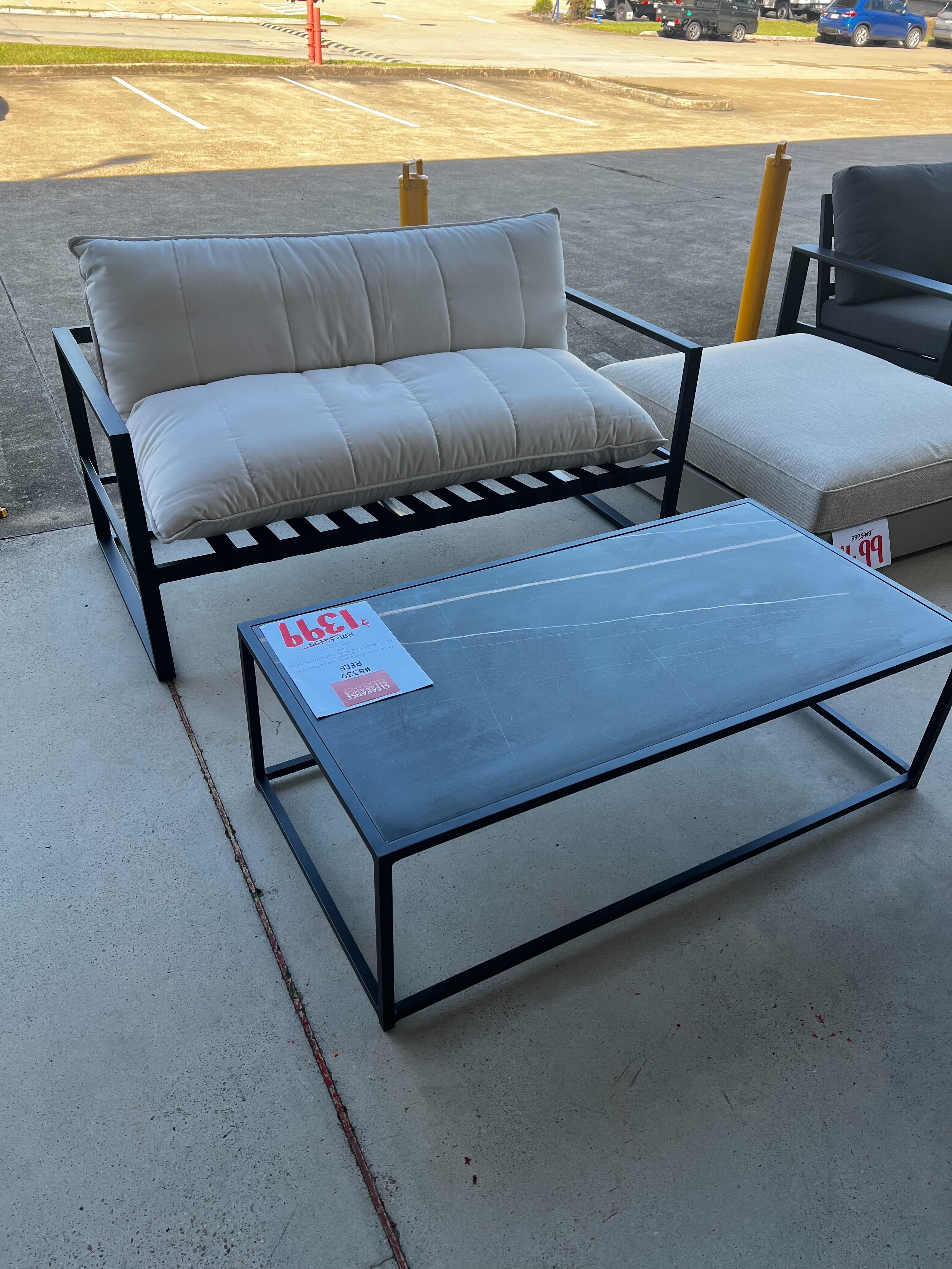 REEF Outdoor Two Seat Sofa And Coffee Table Ceramic Top (Frame And Fabric: Black Frame With Canvas Fabric) 1