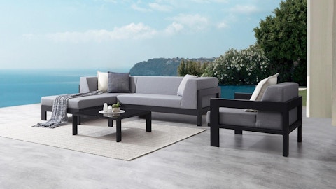 Noosa Black Outdoor Fabric Chaise Lounge With Armchair & Coffee Table 2