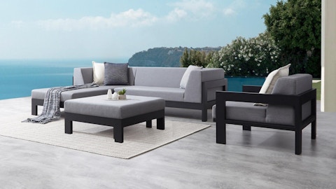 Lavi Black Outdoor Fabric Chaise Lounge With Armchair & Ottoman 2 Thumbnail