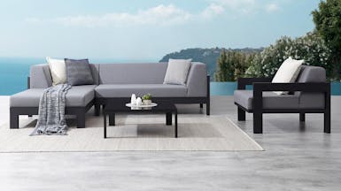 Noosa Black Outdoor Fabric Chaise Lounge With Armchair & Coffee Table
