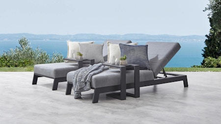 New Noosa Black Outdoor Fabric Sun Lounge Set With Side Tables