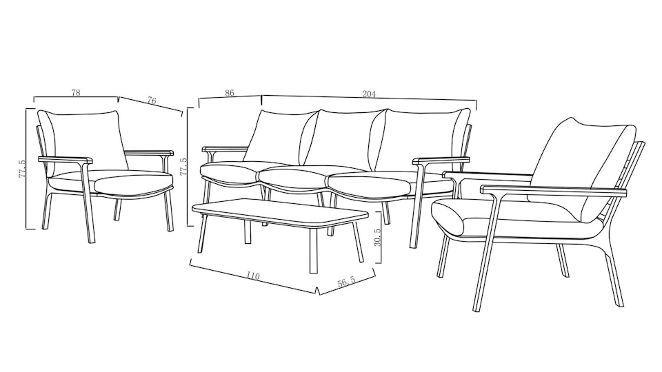 Venice Outdoor Sofa Suite 3 + 1 + 1 With Coffee Table Diagram
