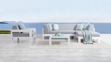 Noosa White Outdoor Fabric Chaise Lounge With Armchair & Coffee Table
