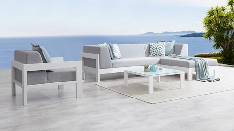 Noosa White Outdoor Fabric Chaise Lounge With Armchair & Coffee Table 5 Thumbnail