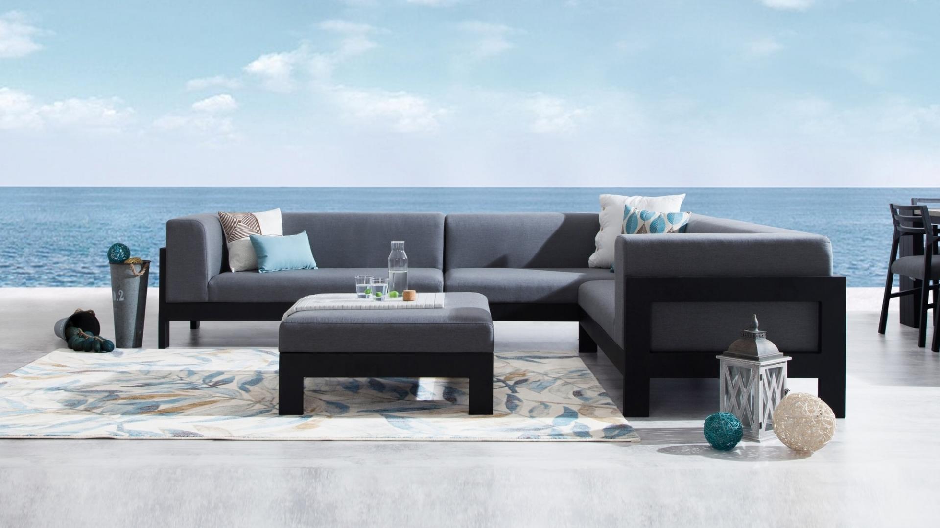 New Noosa Black Outdoor Fabric Corner Lounge With Ottoman 5 Thumbnail