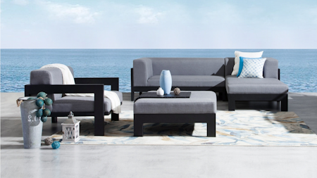 New Noosa Black Outdoor Fabric Chaise Lounge With Armchair & Ottoman