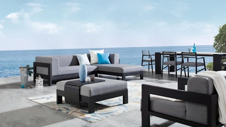 New Noosa Black Outdoor Fabric Chaise Lounge With Armchair & Ott