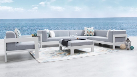 New Noosa White Outdoor Fabric Corner Lounge With Armchair And Ottoman 2 Thumbnail
