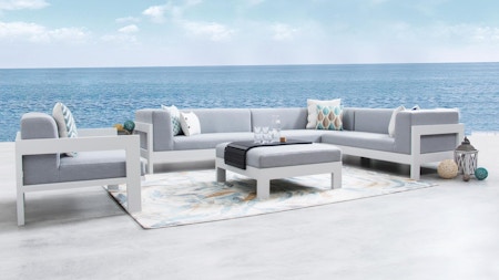New Noosa White Outdoor Fabric Corner Lounge With Armchair And Ottoman