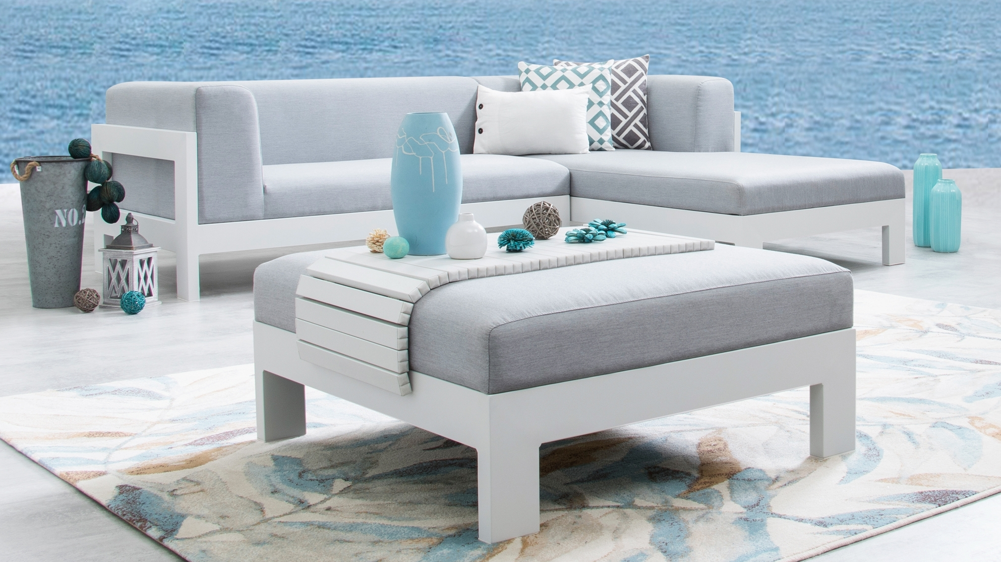 New Noosa White Outdoor Fabric Chaise Lounge With Ottoman 4 Thumbnail