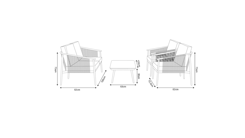 Reedy Outdoor Lounge Set 2+1+1 with Coffee Table Diagram