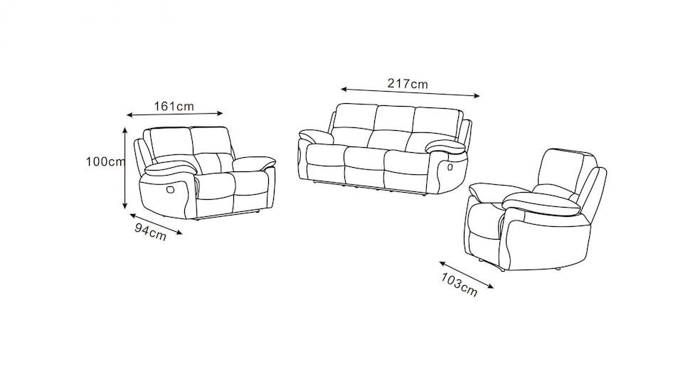 Lincoln Fabric Recliner Sofa Suite 3 + 2 + 1 Diagram
