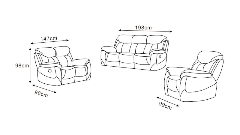 Brighton Leather Recliner Sofa Suite 3 + 2 + 1 Diagram