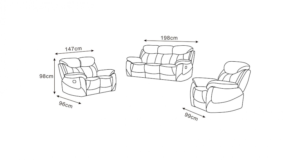 Brighton Fabric Recliner Sofa Suite 3 + 2 + 1 Diagram