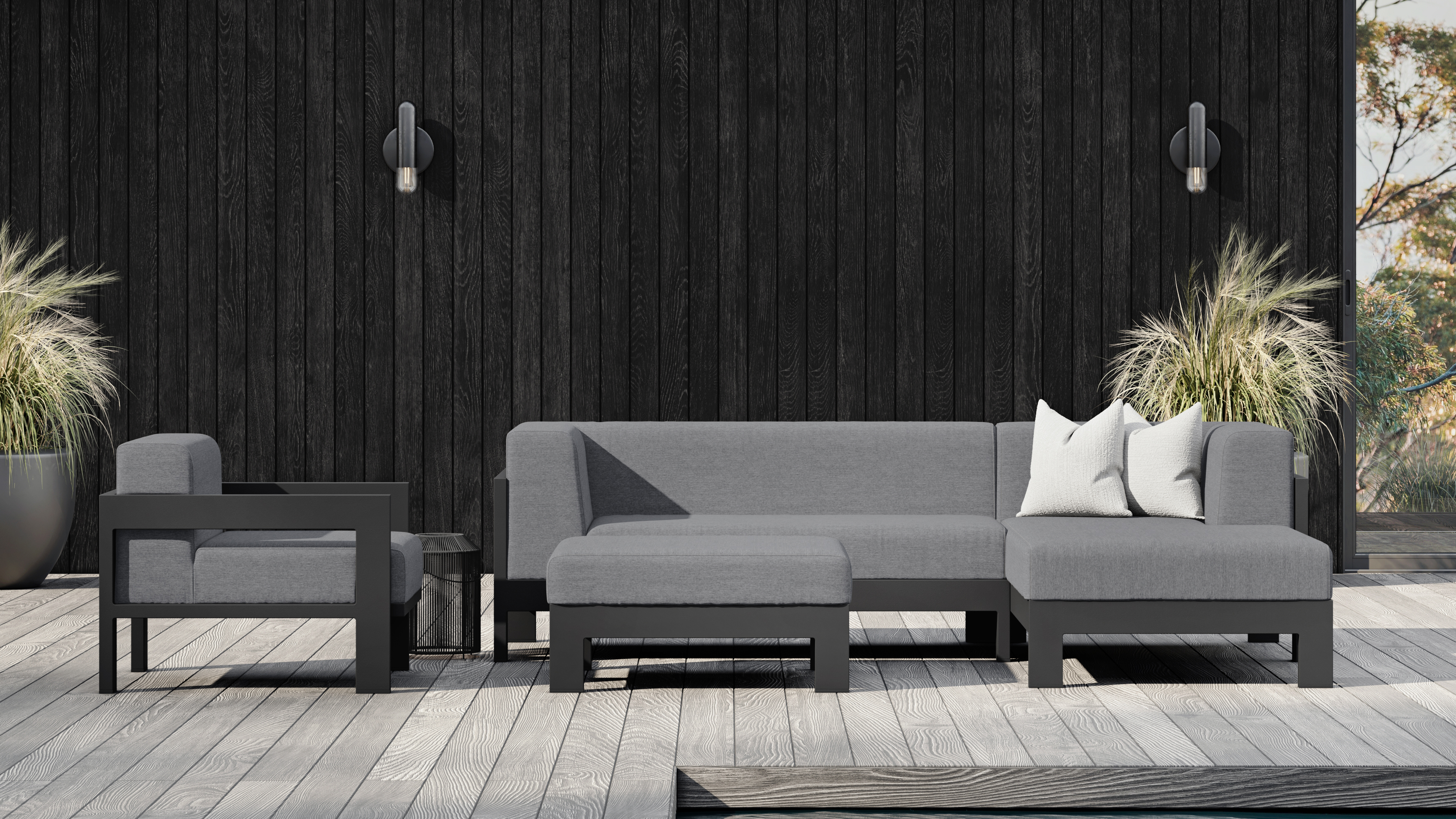 New Noosa Black Outdoor Fabric Chaise Lounge With Armchair & Ottoman 4 Thumbnail