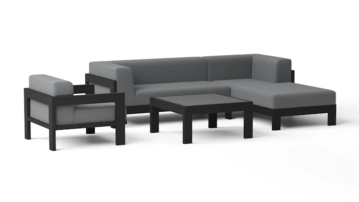 New Noosa Black Outdoor Fabric Chaise Lounge With Armchair & Coffee Table