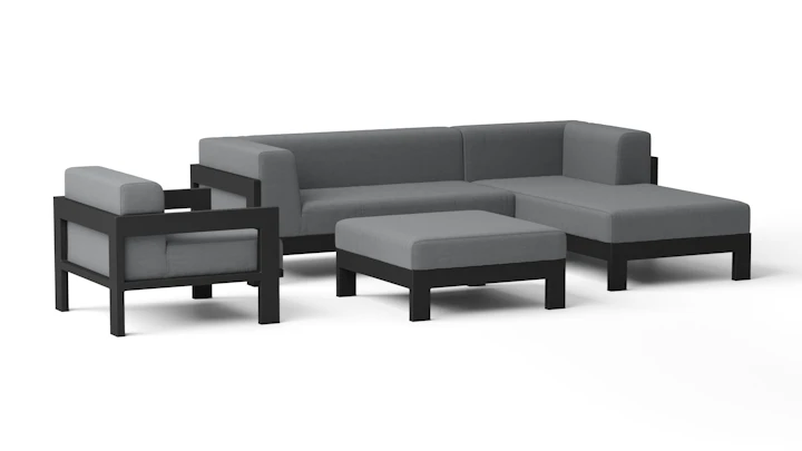 New Noosa Black Outdoor Fabric Chaise Lounge With Armchair & Ottoman