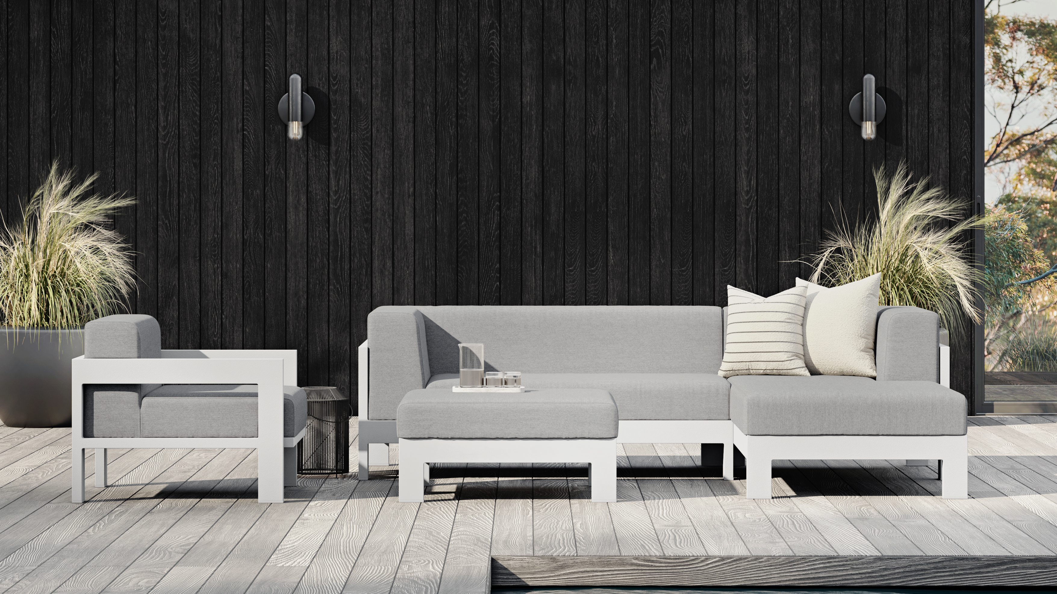 New Noosa White Outdoor Fabric Chaise Lounge With Ottoman 4 Thumbnail