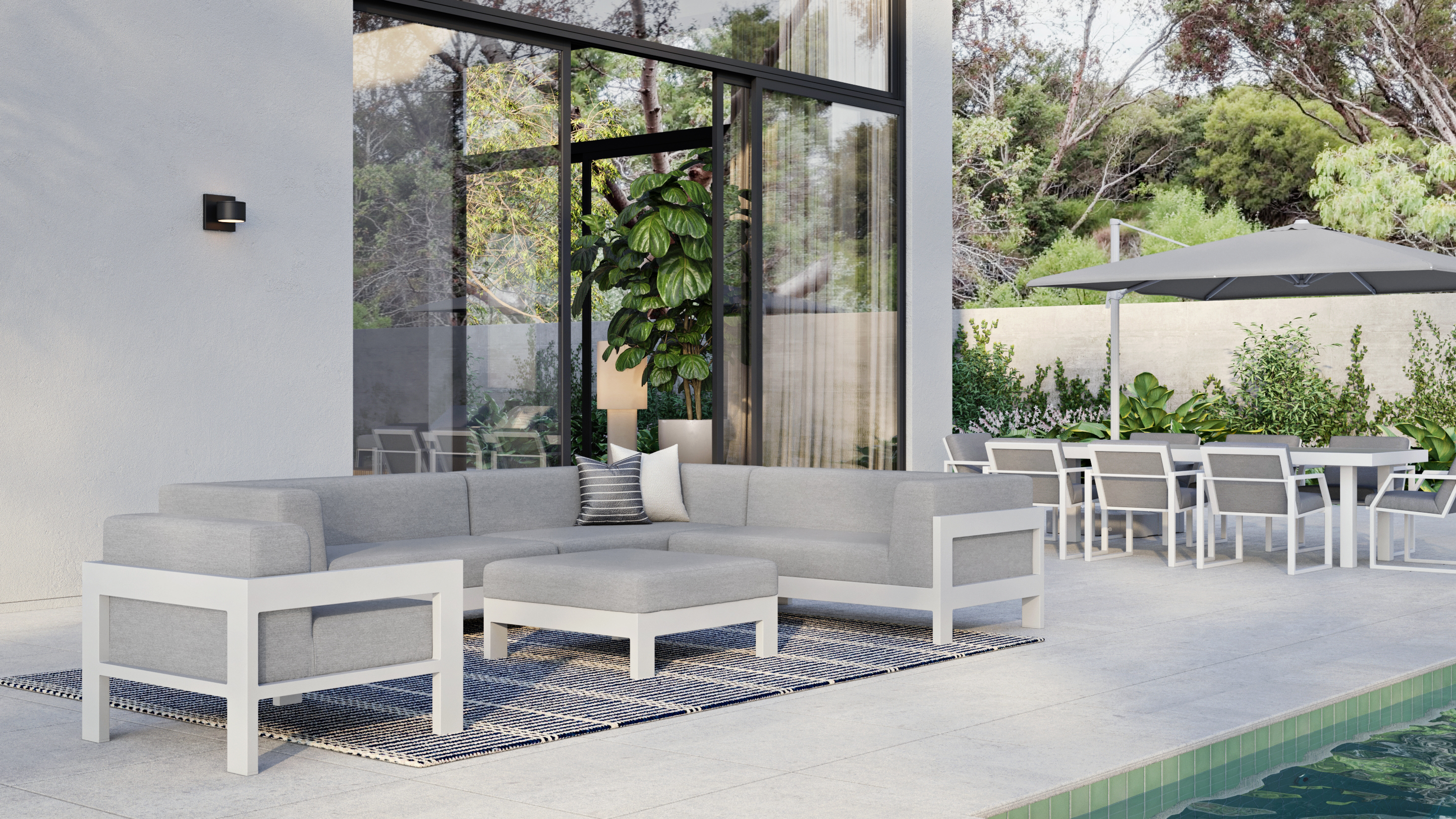 New Noosa White Outdoor Fabric Corner Lounge With Armchair And Ottoman 4 Thumbnail