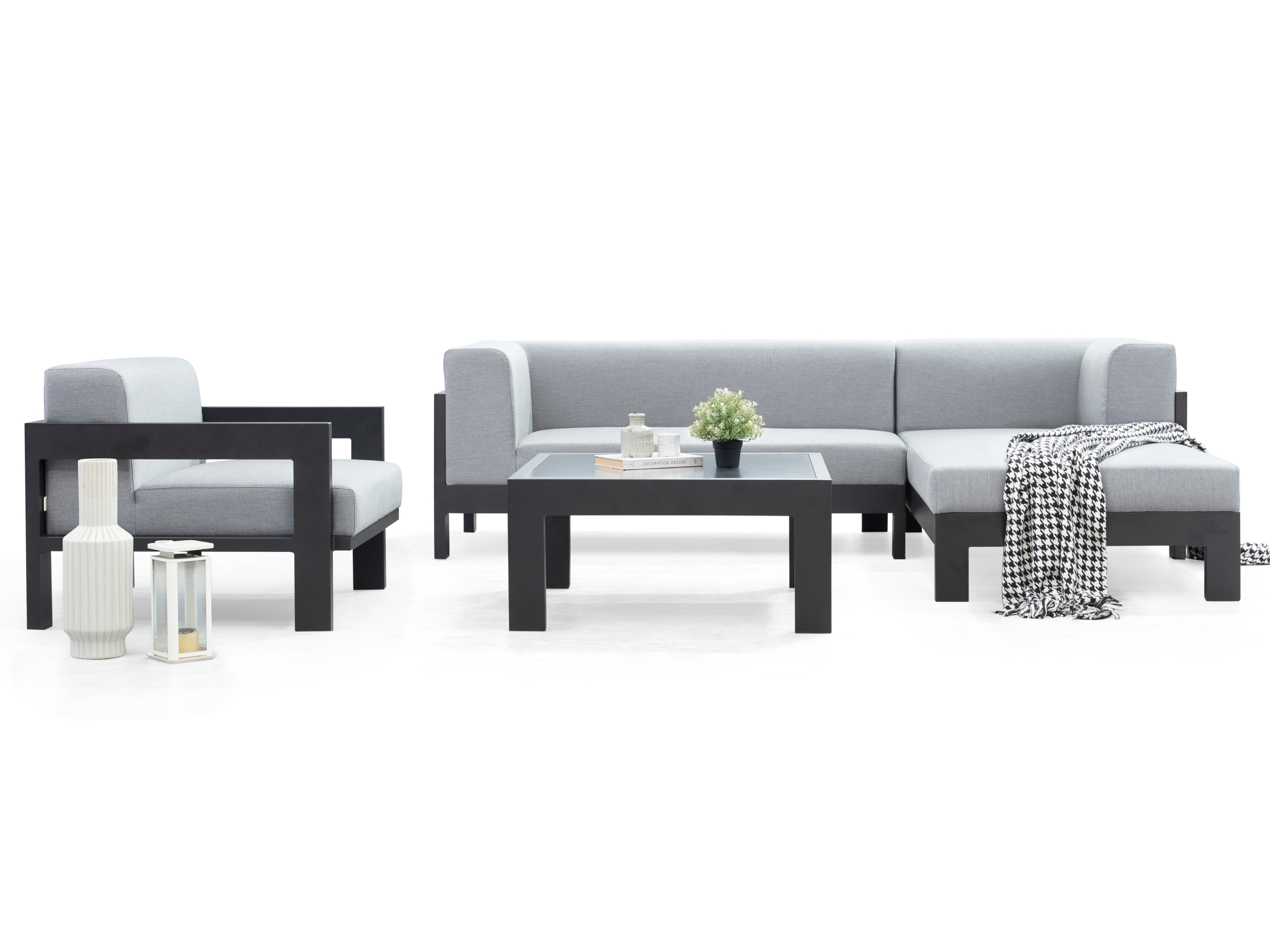 New Noosa Black Outdoor Fabric Chaise Lounge With Armchair & Coffee Table 4