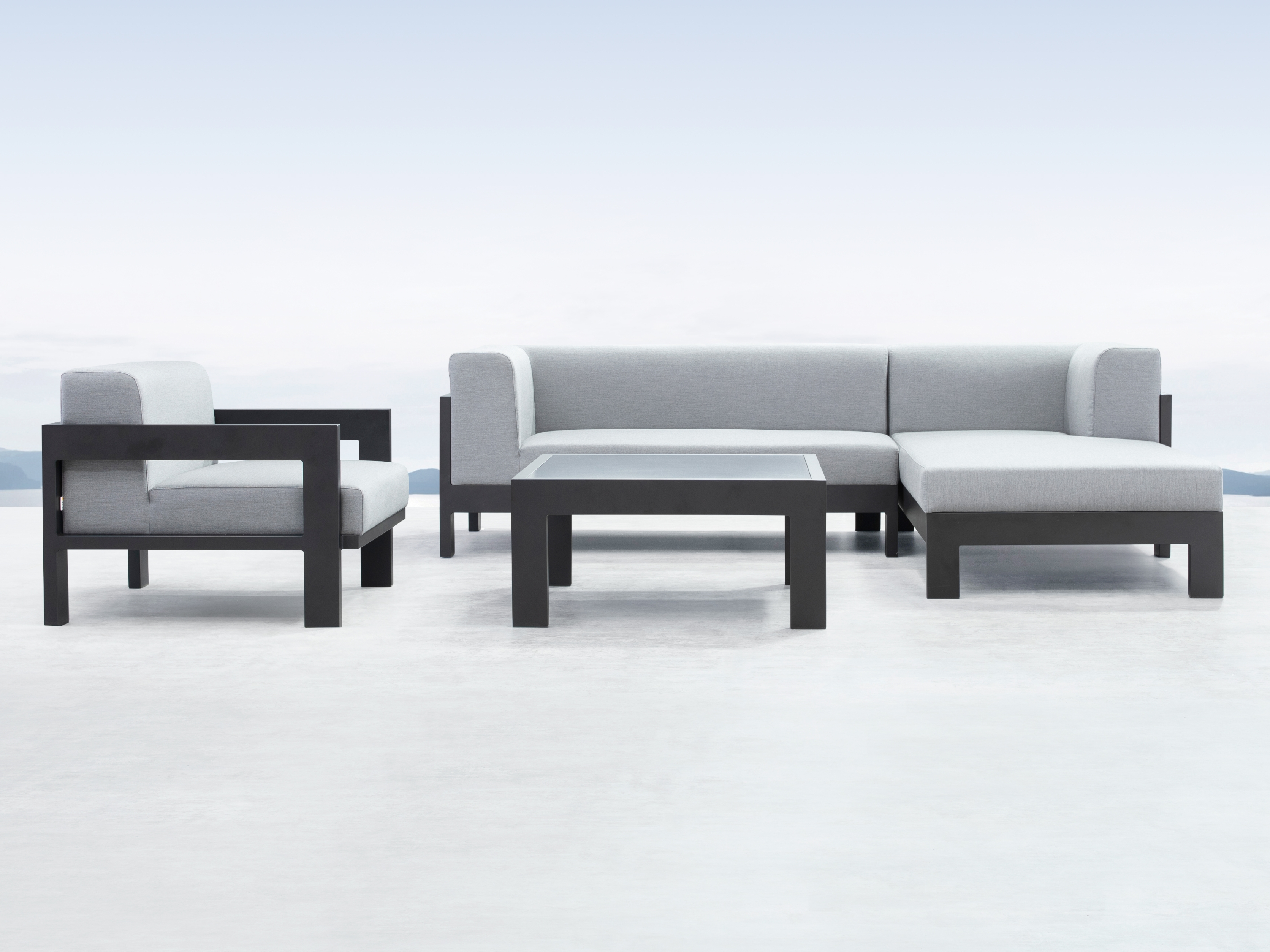 New Noosa Black Outdoor Fabric Chaise Lounge With Armchair & Coffee Table 3