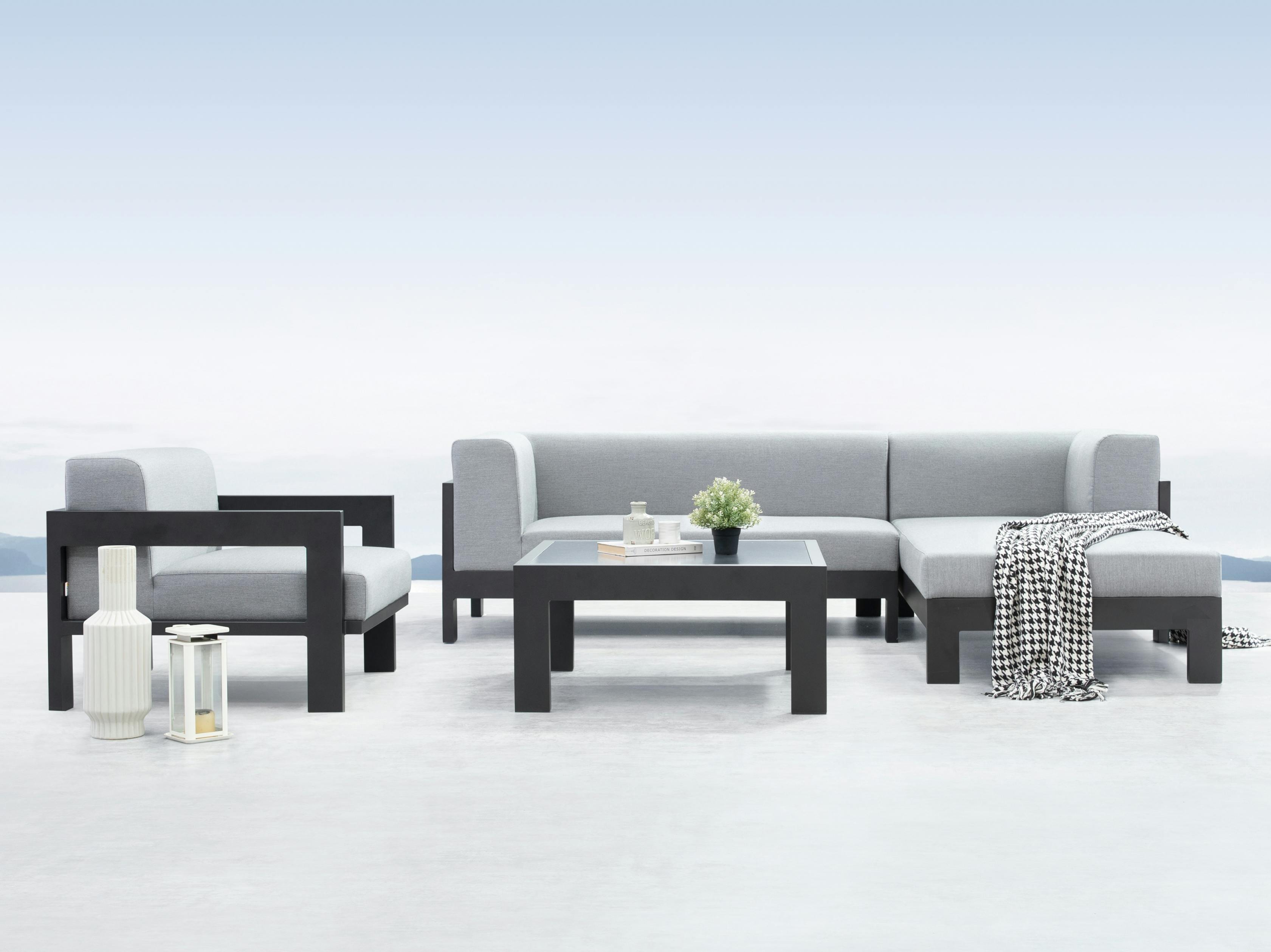 New Noosa Black Outdoor Fabric Chaise Lounge With Armchair & Coffee Table